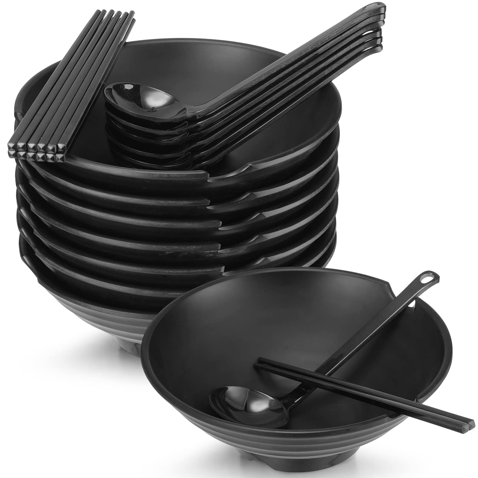 12 Set Ramen Bowl Japanese Style Ramen Bowls 42 oz Melamine Noodles Bowl Asian Chinese Large Soup Bowls with Spoons and Chopsticks for Pho Udon Soba Asian Dishes Ramen Noodles, Black