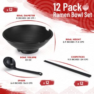 12 Set Ramen Bowl Japanese Style Ramen Bowls 42 oz Melamine Noodles Bowl Asian Chinese Large Soup Bowls with Spoons and Chopsticks for Pho Udon Soba Asian Dishes Ramen Noodles, Black