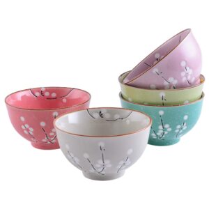 panbado 5 pcs ceramic bowls set, 330ml japanese style porcelain bowls, 5 colors rice bowl set with white cherry blossom pattern for dessert snack cereal soup