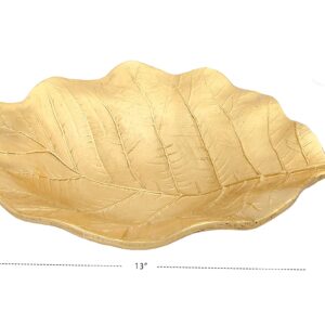 13" Gold Leaf Shaped Shallow Bowl/Platter with Vein Leaf Design