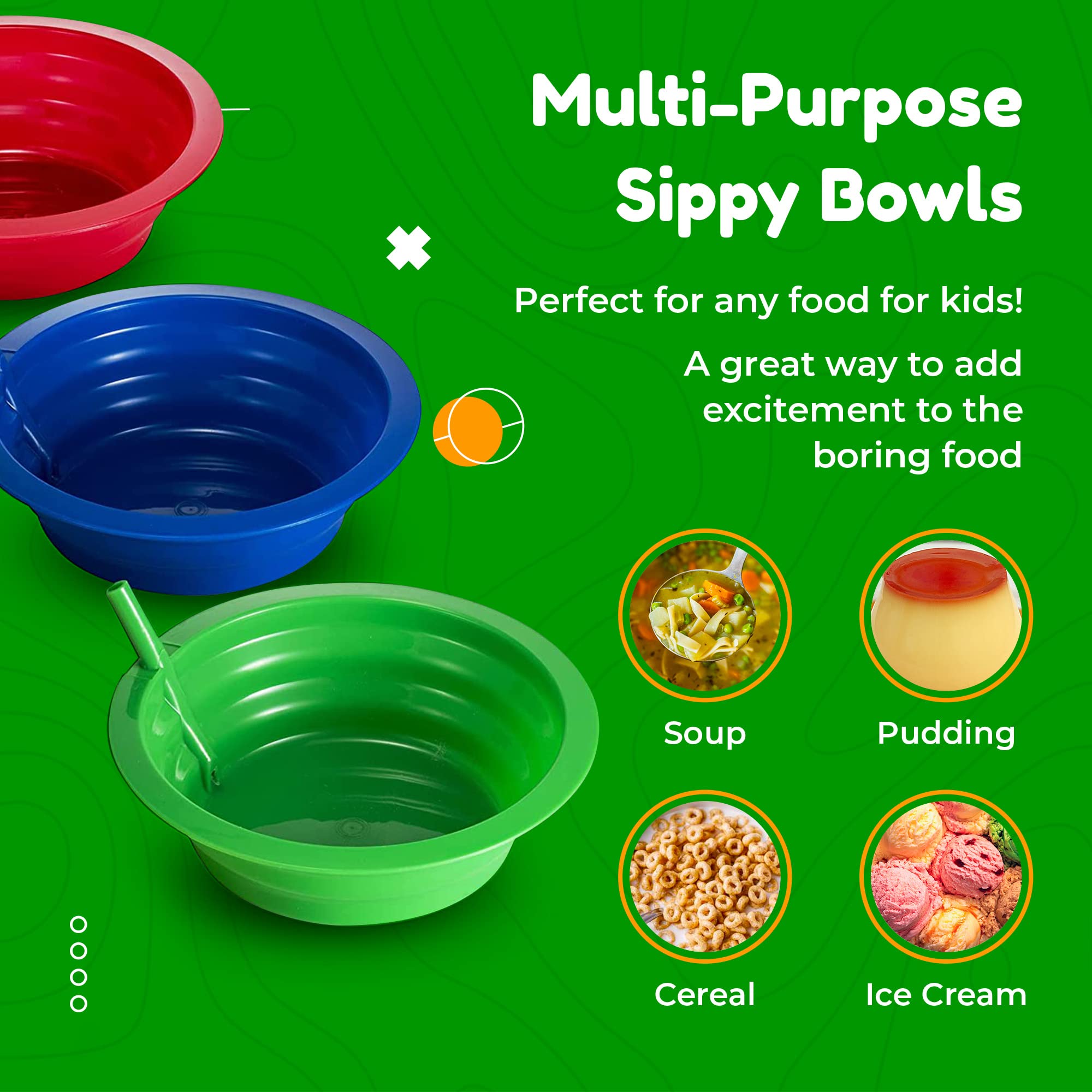 Sippy Bowl With Straw for Kids and Matching Spoons | 22 Ounce Plastic Cereal Bowls With Straws BPA Free Assorted Color | Built-in Straw Bowl Blue Red Green Yellow Pack of 16