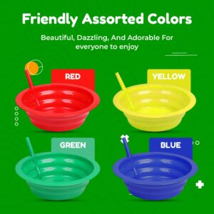 Sippy Bowl With Straw for Kids and Matching Spoons | 22 Ounce Plastic Cereal Bowls With Straws BPA Free Assorted Color | Built-in Straw Bowl Blue Red Green Yellow Pack of 16