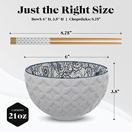 American Atelier Ramen Bowl with Chopsticks | Set of 2 | Soup Bowls for Kitchen | Udon Noodle Bowls with Chopsticks | Stoneware Soup Bowl | 6" Diameter (21 Oz) - Blue Floral Print