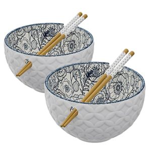 american atelier ramen bowl with chopsticks | set of 2 | soup bowls for kitchen | udon noodle bowls with chopsticks | stoneware soup bowl | 6" diameter (21 oz) - blue floral print