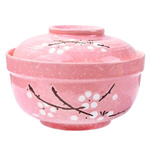 whitenesser ceramic bowl with lids, japanese big ceramic ramen bowl with lid for soup rice noodle and porridge (pink flower