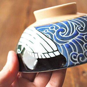 MINORU TOUKI White Wave Whale Blue Ceramic Rice Bowl Small φ4.72×H2.4in 5.64oz Made in Japan