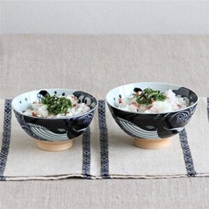 MINORU TOUKI White Wave Whale Blue Ceramic Rice Bowl Small φ4.72×H2.4in 5.64oz Made in Japan