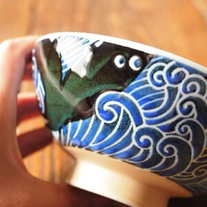 MINORU TOUKI White Wave Whale Blue Ceramic Rice Bowl Small φ4.72×H2.4in 5.64oz Made in Japan