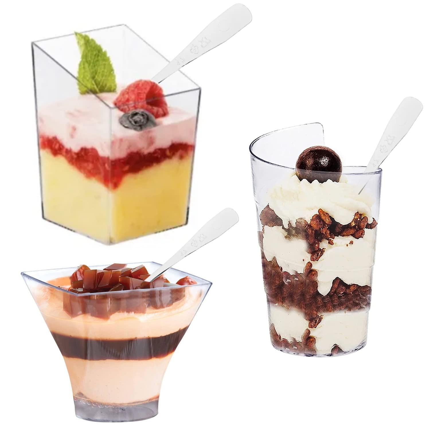 60 pack dessert cups of 3 oz, 2.5 oz and 2 oz. 3 varieties in size and shape also 20 of each shape perfect for appetizer, dessert and serving parties, plus FREE 60 spoons