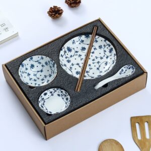 Gegong Blue and White Porcelain Dinnerware Set, Dishes, Bowl, Spoon, Chopsticks, Service for 1, Colorful Glazed Ceramic Set, Gift Box Packaging (Tang Grass)