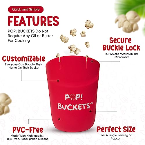 NA-1 POP! BUCKETS Personalized Silicone Popcorn Bowls - Set of 5 Single Serve Reusable Makers Microwave and Dishwasher Safe Popper Cup for Family Movie Night At Home, 5.7 x 3.9x 4.3 Inches