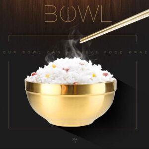 Unbreakable Thick Anti-scald Rice Bowl Double-deck 304 Stainless Steel Food Bowls for Soup, Popcorn, Fruit, Salad, Noodle, etc (Gold, Big)