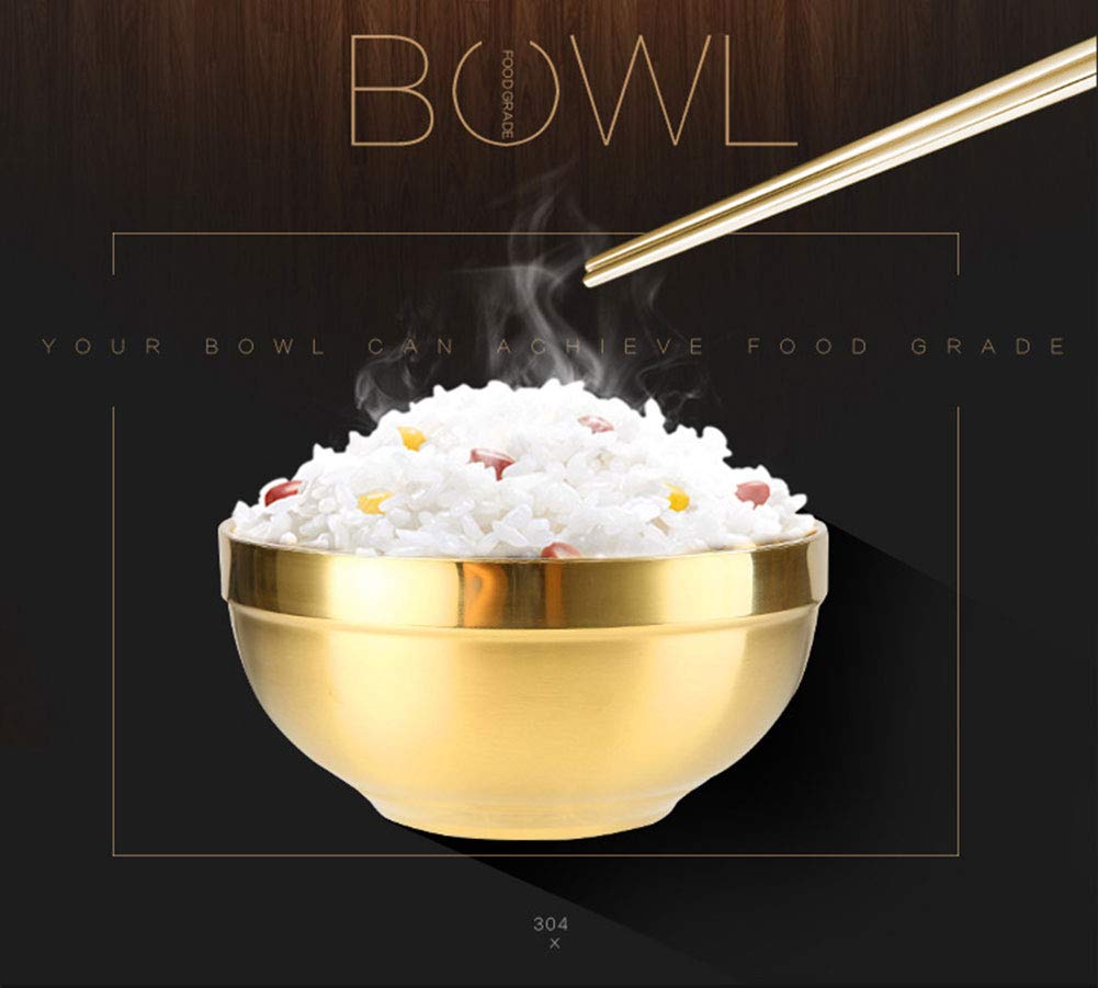 Unbreakable Thick Anti-scald Rice Bowl Double-deck 304 Stainless Steel Food Bowls for Soup, Popcorn, Fruit, Salad, Noodle, etc (Gold, Big)