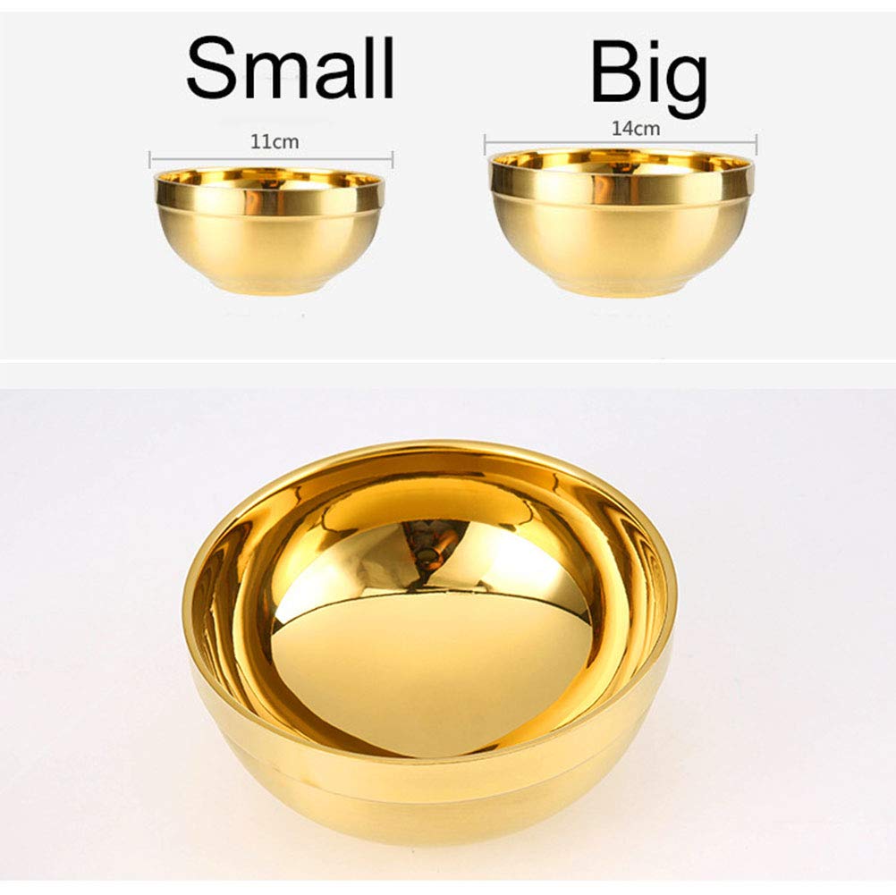 Unbreakable Thick Anti-scald Rice Bowl Double-deck 304 Stainless Steel Food Bowls for Soup, Popcorn, Fruit, Salad, Noodle, etc (Gold, Big)