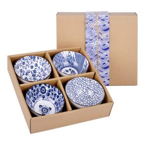 vanenjoy set of 4 japanese style ceramic rice bowl with gift box,blue and white pattern bowls set,underglazed dinnerware, for dessert snack cereal soup portion control bowl
