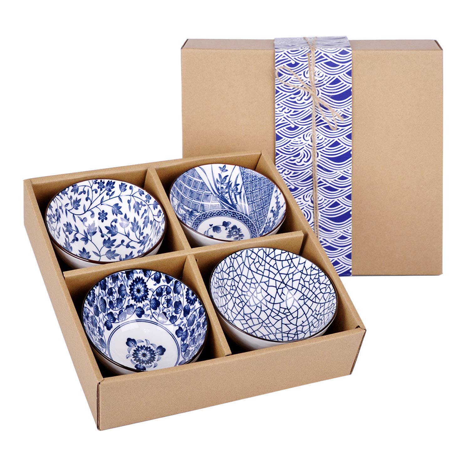 VanEnjoy Set of 4 Japanese Style Ceramic Rice Bowl with Gift Box,Blue and White Pattern Bowls Set,Underglazed Dinnerware, For Dessert Snack Cereal Soup Portion Control Bowl