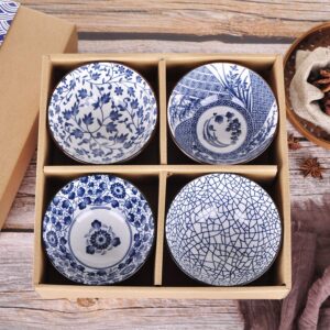 VanEnjoy Set of 4 Japanese Style Ceramic Rice Bowl with Gift Box,Blue and White Pattern Bowls Set,Underglazed Dinnerware, For Dessert Snack Cereal Soup Portion Control Bowl