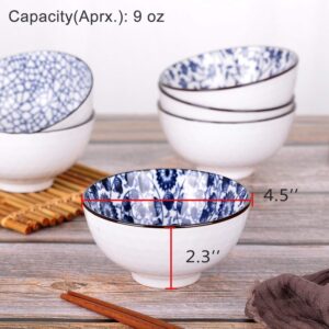 VanEnjoy Set of 4 Japanese Style Ceramic Rice Bowl with Gift Box,Blue and White Pattern Bowls Set,Underglazed Dinnerware, For Dessert Snack Cereal Soup Portion Control Bowl