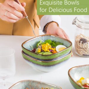 HENXFEN LEAD Ceramic Cereal Bowls, Square Serving Bowls 22 Oz for Side Dish, Appetizers, Salad - Oatmeal, Soup, Fruit Bowls Microwave Oven Safe, Set of 4 - Reactive Green