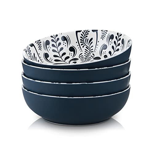 Selamica Ceramic 8-inch Printing Bowls, 30 Ounce Large Pasta Salad Bowls, Wide and Shallow Soup Bowls, Microwave Dishwasher Safe, Set of 4, Blue Floral.