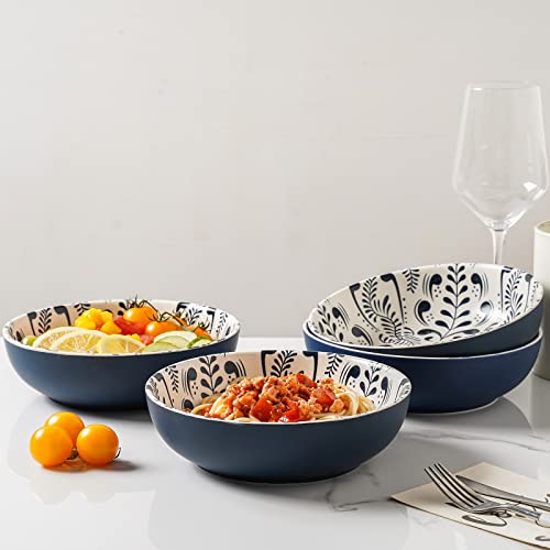 Selamica Ceramic 8-inch Printing Bowls, 30 Ounce Large Pasta Salad Bowls, Wide and Shallow Soup Bowls, Microwave Dishwasher Safe, Set of 4, Blue Floral.