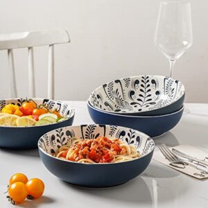 Selamica Ceramic 8-inch Printing Bowls, 30 Ounce Large Pasta Salad Bowls, Wide and Shallow Soup Bowls, Microwave Dishwasher Safe, Set of 4, Blue Floral.