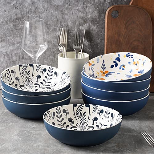 Selamica Ceramic 8-inch Printing Bowls, 30 Ounce Large Pasta Salad Bowls, Wide and Shallow Soup Bowls, Microwave Dishwasher Safe, Set of 4, Blue Floral.