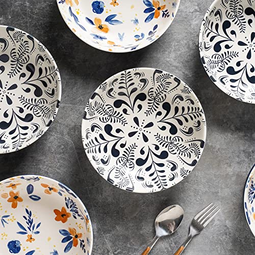 Selamica Ceramic 8-inch Printing Bowls, 30 Ounce Large Pasta Salad Bowls, Wide and Shallow Soup Bowls, Microwave Dishwasher Safe, Set of 4, Blue Floral.