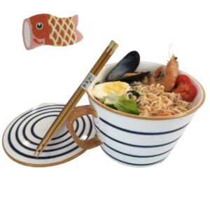 momozee ceramic japanese noodle bowl, microwave ramen bowl sets with chopsticks with lid, microwave safe noodle bowls, instant ramen cooker,ramen bowls (circle)