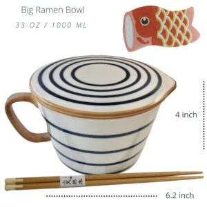 MOMOZEE Ceramic Japanese Noodle Bowl, microwave ramen bowl sets with Chopsticks with lid, microwave safe noodle bowls, instant ramen cooker,ramen bowls (circle)