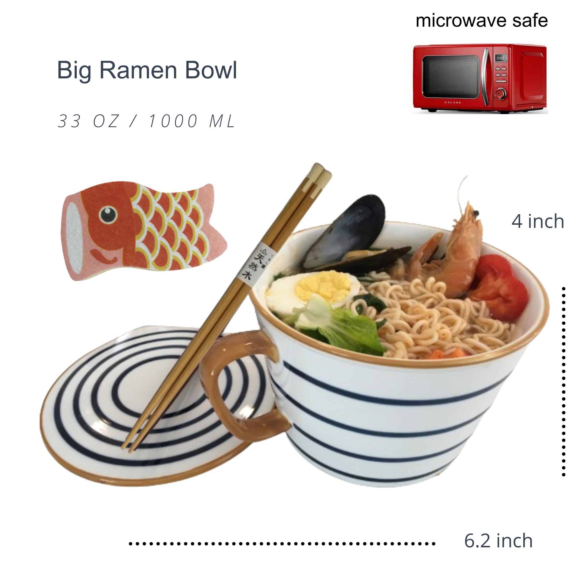 MOMOZEE Ceramic Japanese Noodle Bowl, microwave ramen bowl sets with Chopsticks with lid, microwave safe noodle bowls, instant ramen cooker,ramen bowls (circle)