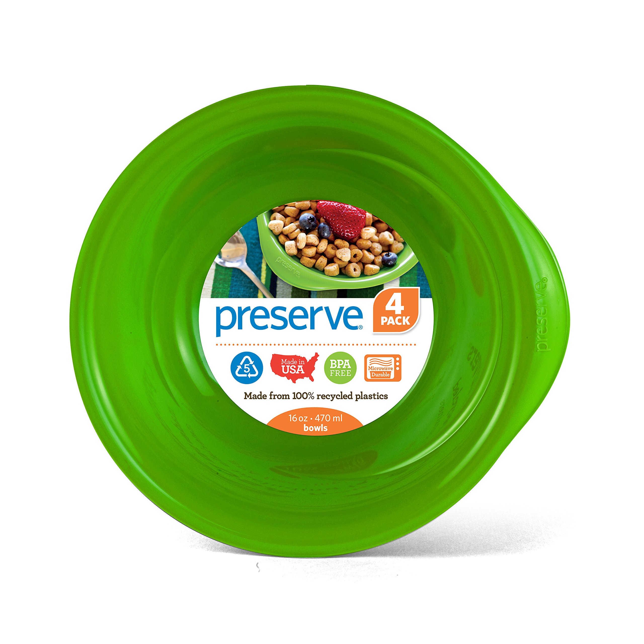 Preserve Everyday 16 Ounce Recycled Plastic Bowls, Set of 4, Apple Green