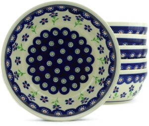 polish pottery bowls set of 6 (bright peacock daisy theme) + certificate of authenticity