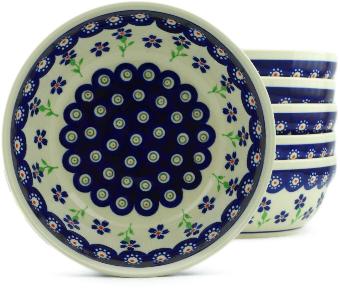 Polish Pottery bowls set of 6 (Bright Peacock Daisy Theme) + Certificate of Authenticity