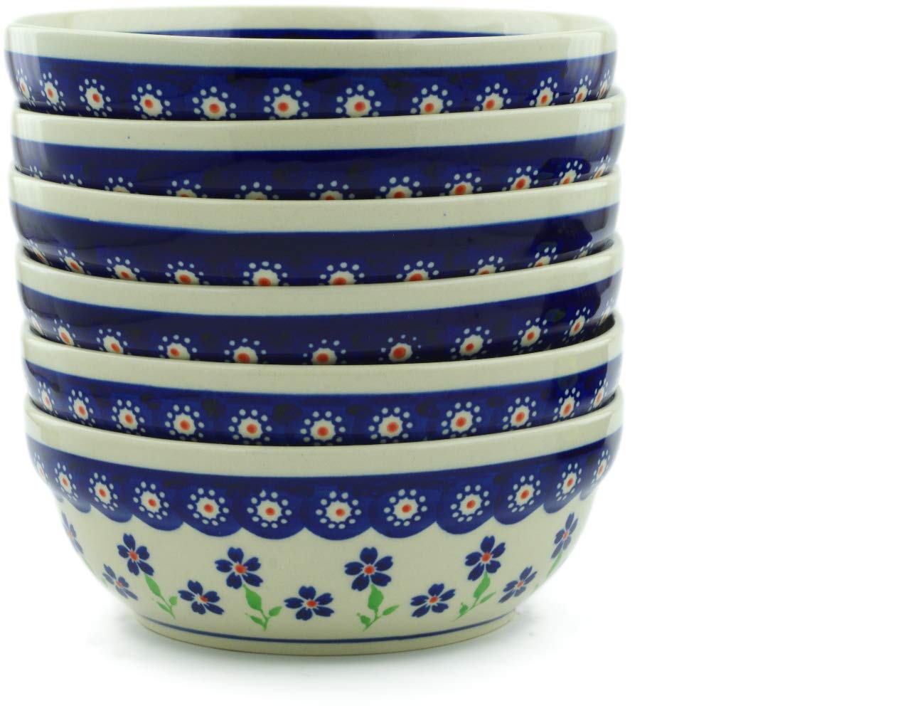 Polish Pottery bowls set of 6 (Bright Peacock Daisy Theme) + Certificate of Authenticity