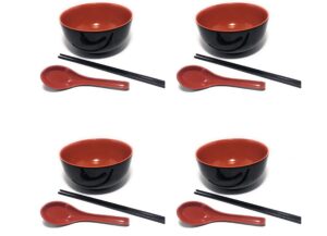 rovatta ramen noodle soup bowl set- 12pcs (4 sets) 48 oz japanese melamine ramen (4) spoons & (4) chopstick sets, dishwasher safe, restaurant quality ideal for ramen, pho, noodles & all asian cuisine