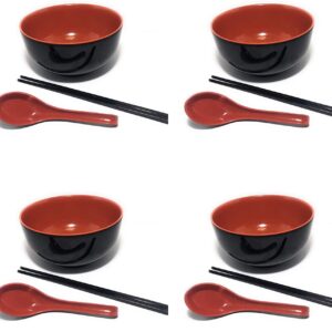 ROVATTA Ramen Noodle Soup Bowl Set- 12Pcs (4 SETS) 48 Oz Japanese Melamine Ramen (4) Spoons & (4) Chopstick Sets, Dishwasher Safe, Restaurant Quality Ideal For Ramen, Pho, Noodles & All Asian Cuisine