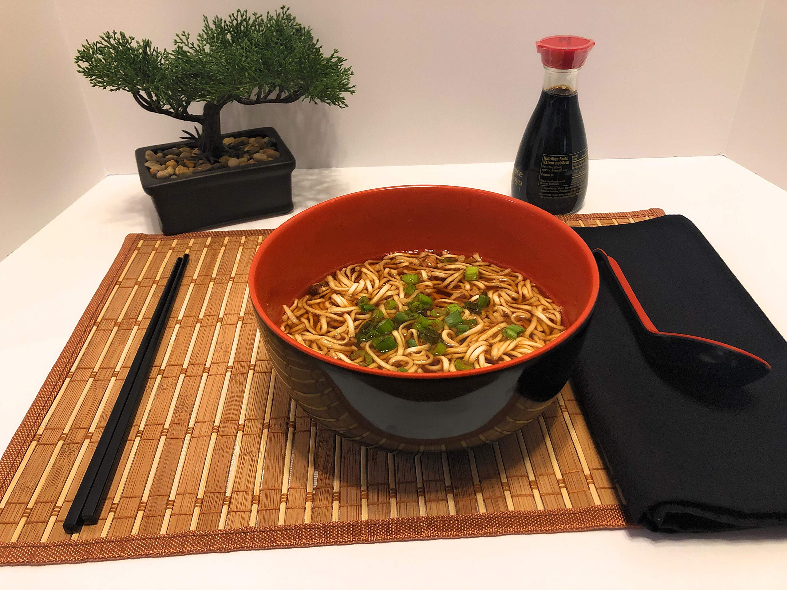 ROVATTA Ramen Noodle Soup Bowl Set- 12Pcs (4 SETS) 48 Oz Japanese Melamine Ramen (4) Spoons & (4) Chopstick Sets, Dishwasher Safe, Restaurant Quality Ideal For Ramen, Pho, Noodles & All Asian Cuisine