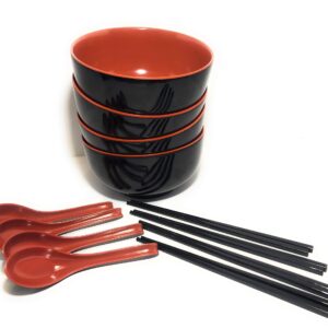 ROVATTA Ramen Noodle Soup Bowl Set- 12Pcs (4 SETS) 48 Oz Japanese Melamine Ramen (4) Spoons & (4) Chopstick Sets, Dishwasher Safe, Restaurant Quality Ideal For Ramen, Pho, Noodles & All Asian Cuisine