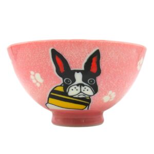Needzo Traditional Ceramic Japanese Rice Bowl for Ramen, Soup, White Rice, with Pink Dog Design