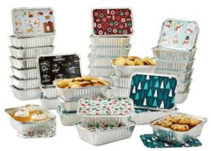 set of 36 christmas treat foil containers - 6 holiday designs, snowman & santa festive cover print - 7"l x 5"w x 1.5"d - disposable food storage pan for party leftovers or cookie exchange