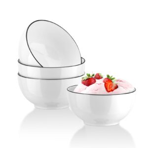 yolife 10 oz dessert bowls set, ice cream bowls set of 4, small porcelain cereal bowls white with black trim, microwave dishwasher safe