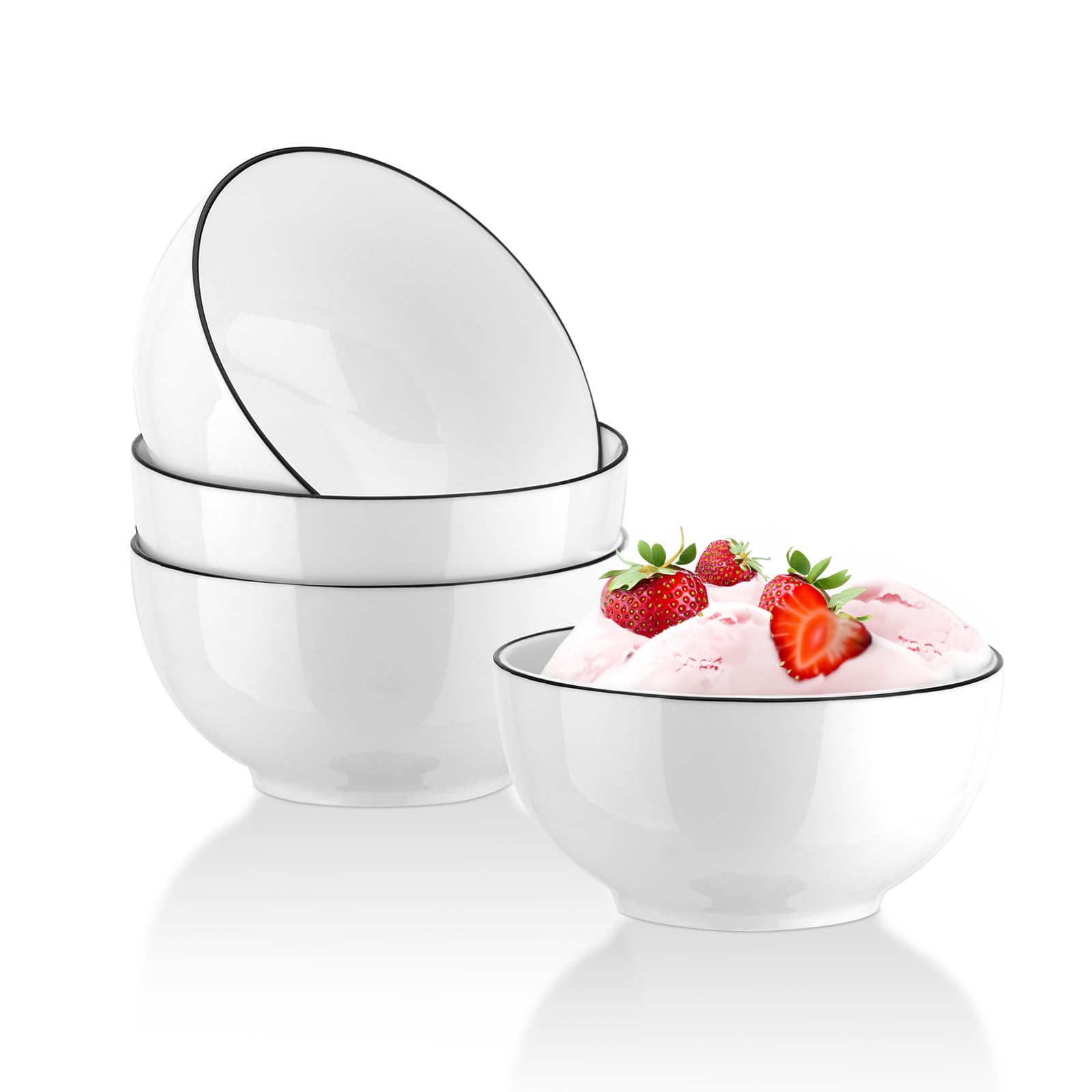 YOLIFE 10 oz Dessert Bowls Set, Ice Cream Bowls Set of 4, Small Porcelain Cereal Bowls White with Black Trim, Microwave Dishwasher Safe