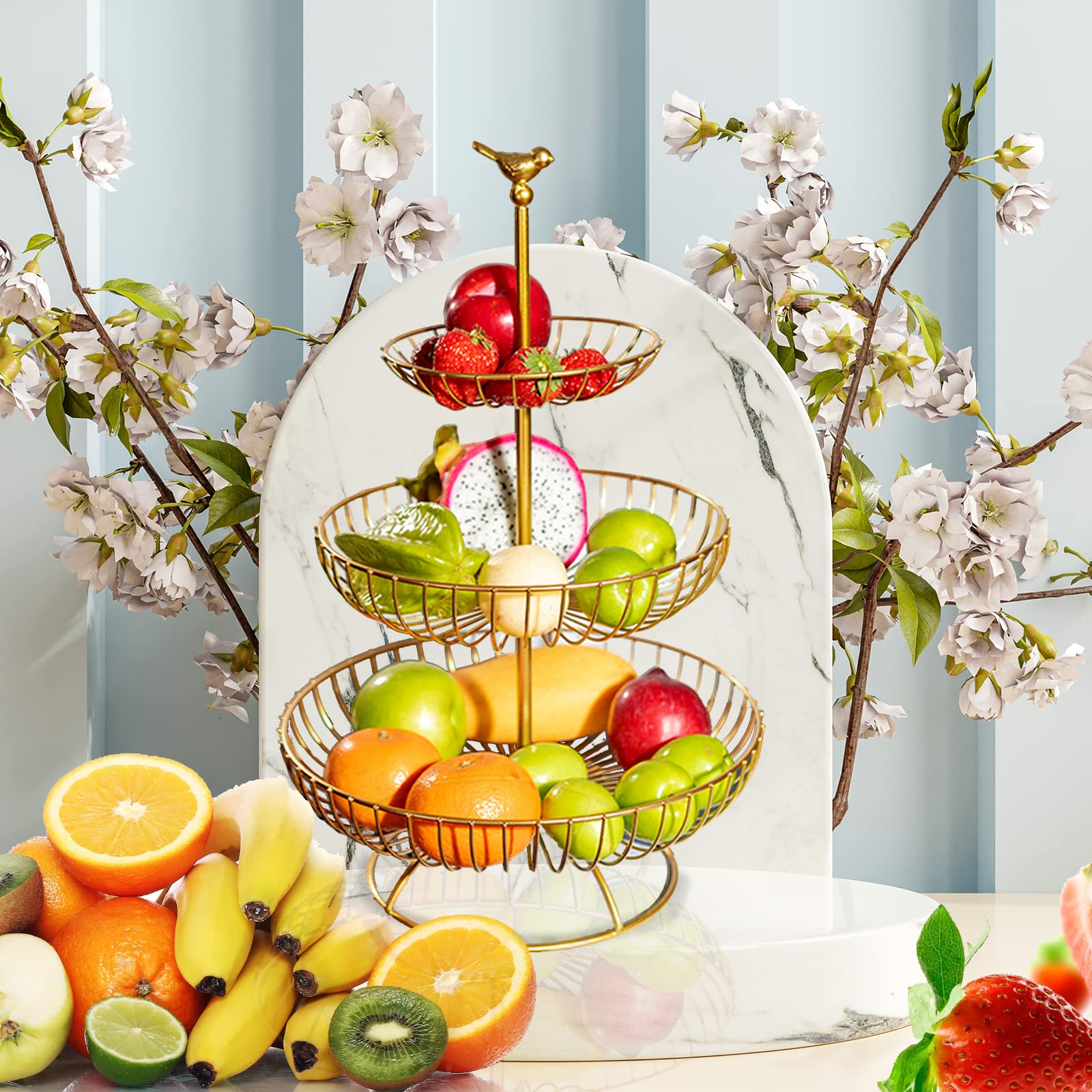 3 Tier Kitchen Countertop Fruit Basket Bowl for Bread Vegetables Snack Storage, Removable Organizer Shelf Storage Rack, Modern Design Tiered Fruit Holder Stand，for Gifts Home Party (bird head gold)