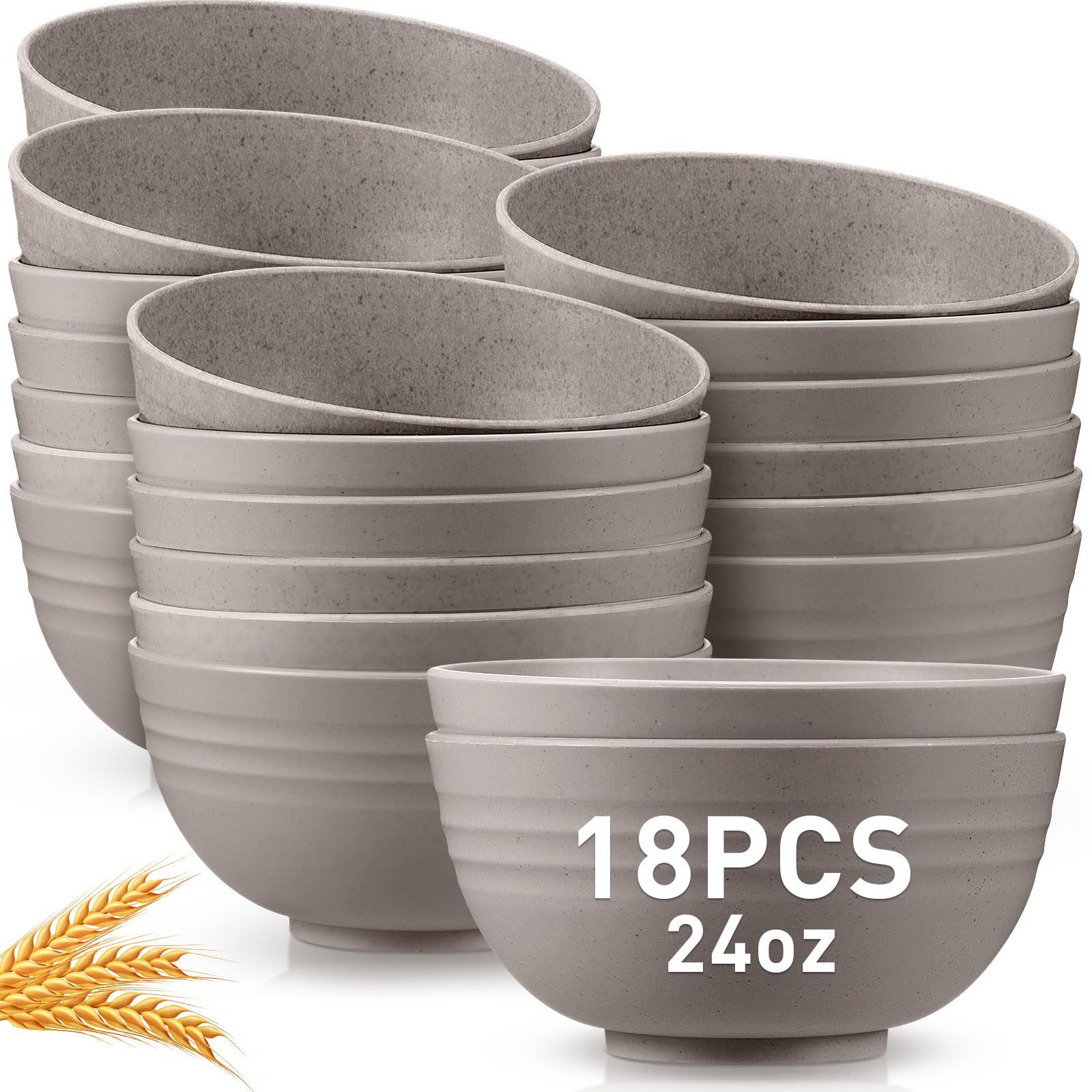 18 Pcs Unbreakable Cereal Bowls 24 Oz Microwave and Dishwasher Safe Wheat Straw Fiber Lightweight Bowl Soup Bowls Microwavable Kitchen Bowls for Serving Salad Rice Pasta Dishes Oatmeal (Gray)