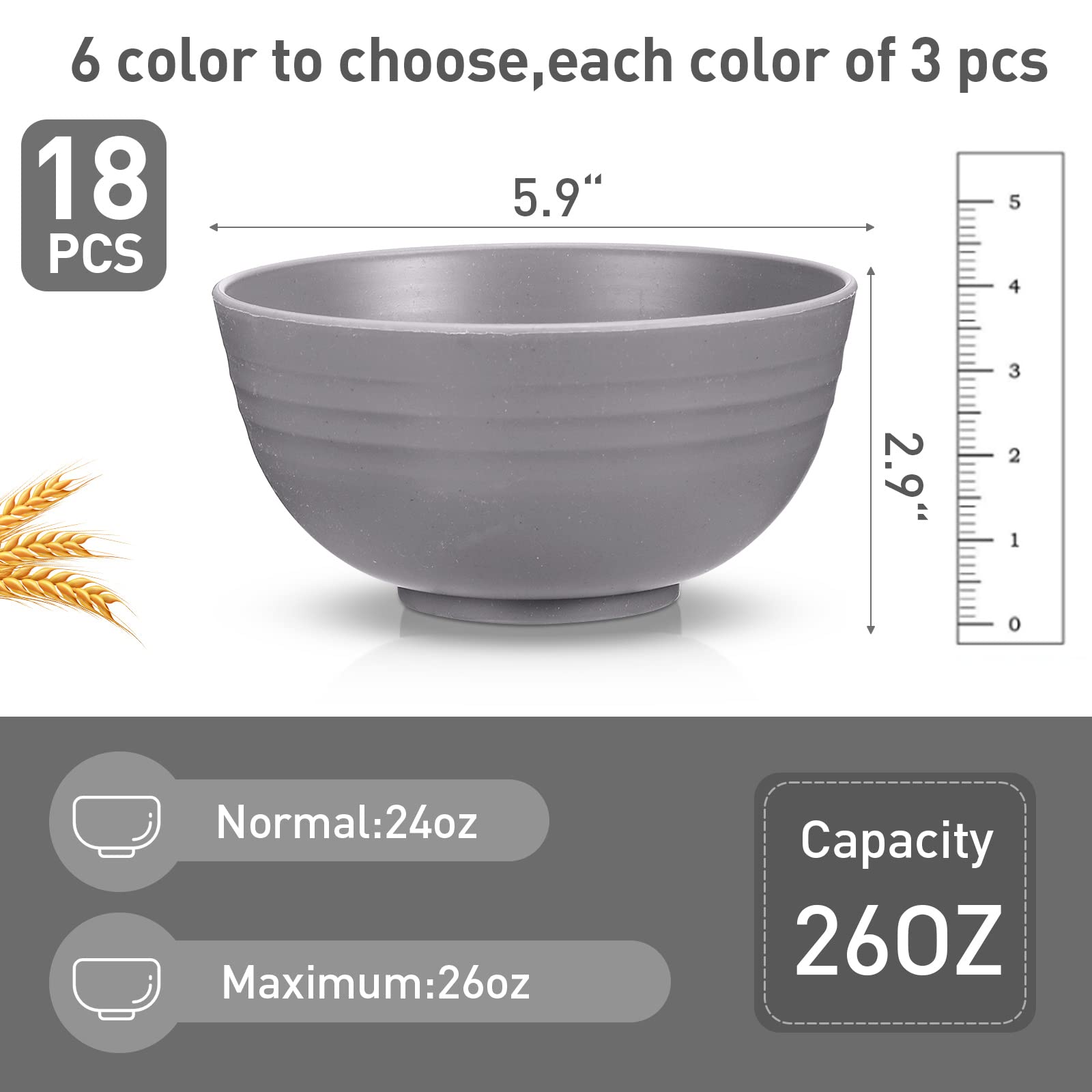 18 Pcs Unbreakable Cereal Bowls 24 Oz Microwave and Dishwasher Safe Wheat Straw Fiber Lightweight Bowl Soup Bowls Microwavable Kitchen Bowls for Serving Salad Rice Pasta Dishes Oatmeal (Gray)