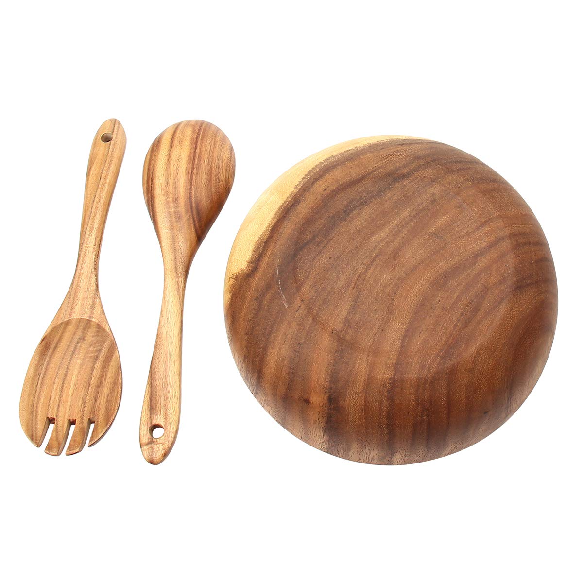 Mochiglory Acacia Woonden Salad Bowl with Servers Set, 9.4inchs Large Salad Wooden Bowl with Spoon and Fork for Fruits or Salads（Set of 3）