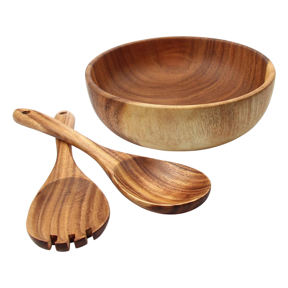Mochiglory Acacia Woonden Salad Bowl with Servers Set, 9.4inchs Large Salad Wooden Bowl with Spoon and Fork for Fruits or Salads（Set of 3）