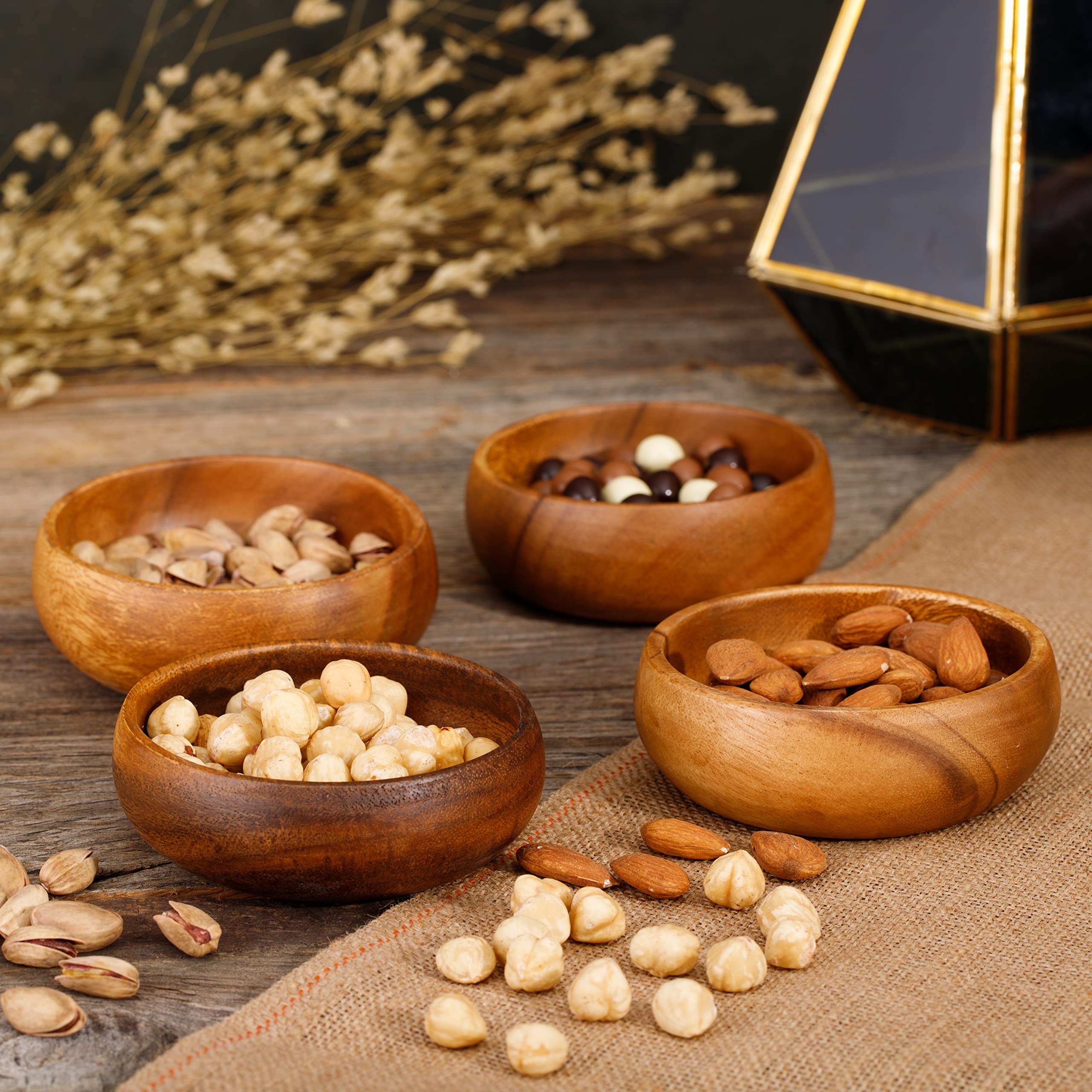 Set of 4 acacia dipping bowl set natural and handmade wood bowl, ideal for olives, nuts and small snacks serving bowls, sauce bowl, snack bowl can be used as home decoration and table decoration