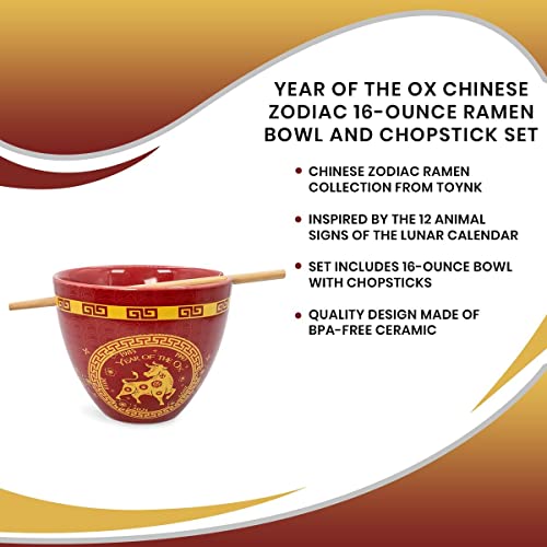 Boom Trendz Year Of The Ox Chinese Zodiac Ceramic Dinnerware Set | Includes 16-Ounce Ramen Noodle Bowl and Wooden Chopsticks Asian Food Dish For Home & Kitchen Kawaii Lunar New Gifts red One Size